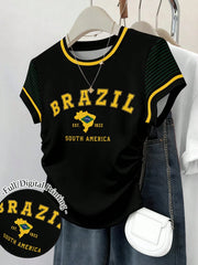 Women's Brazil Print Graphic Short Sleeve Fitted Ruched Waist T-Shirt