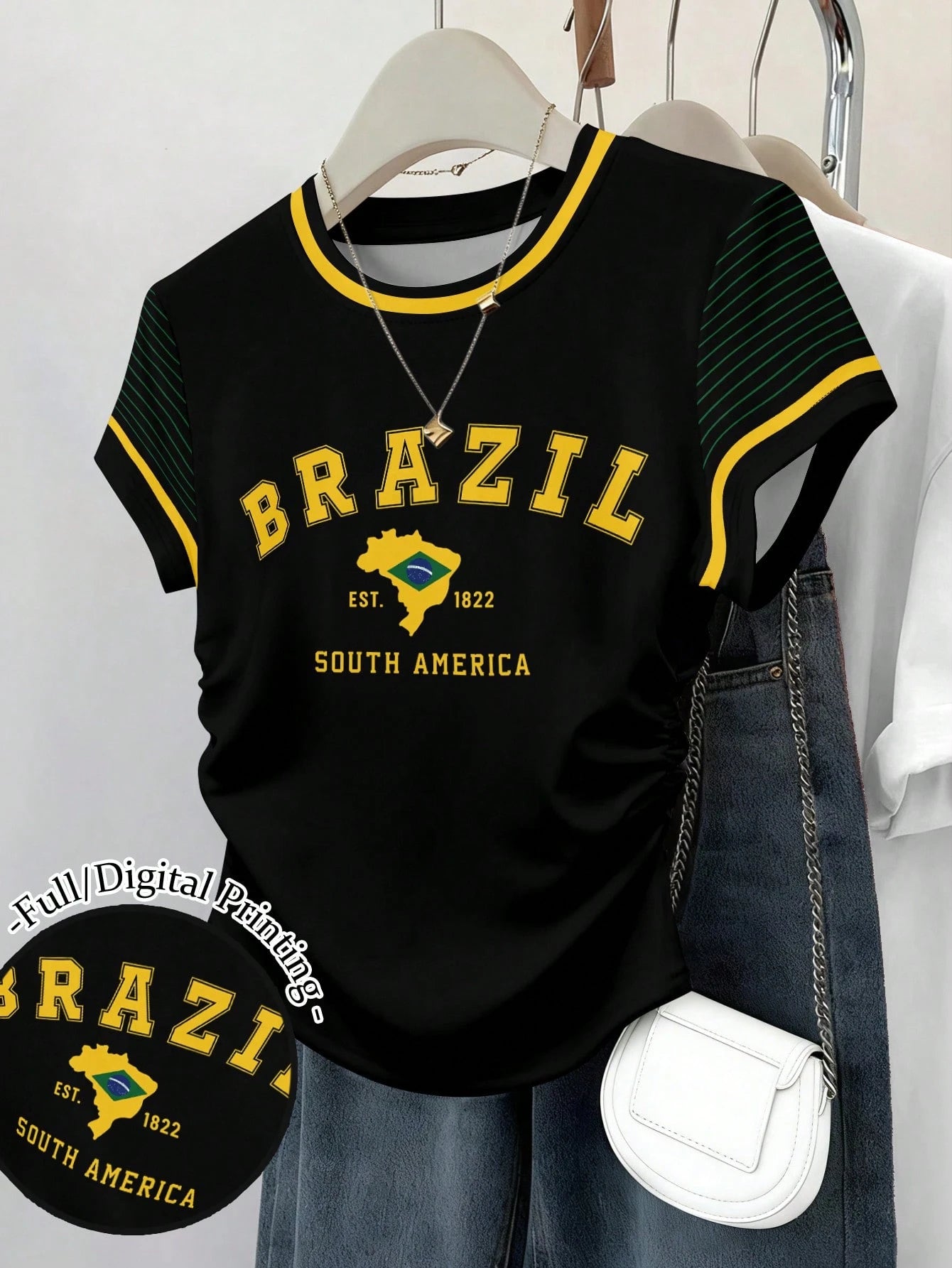 Women's Brazil Print Graphic Short Sleeve Fitted Ruched Waist T-Shirt