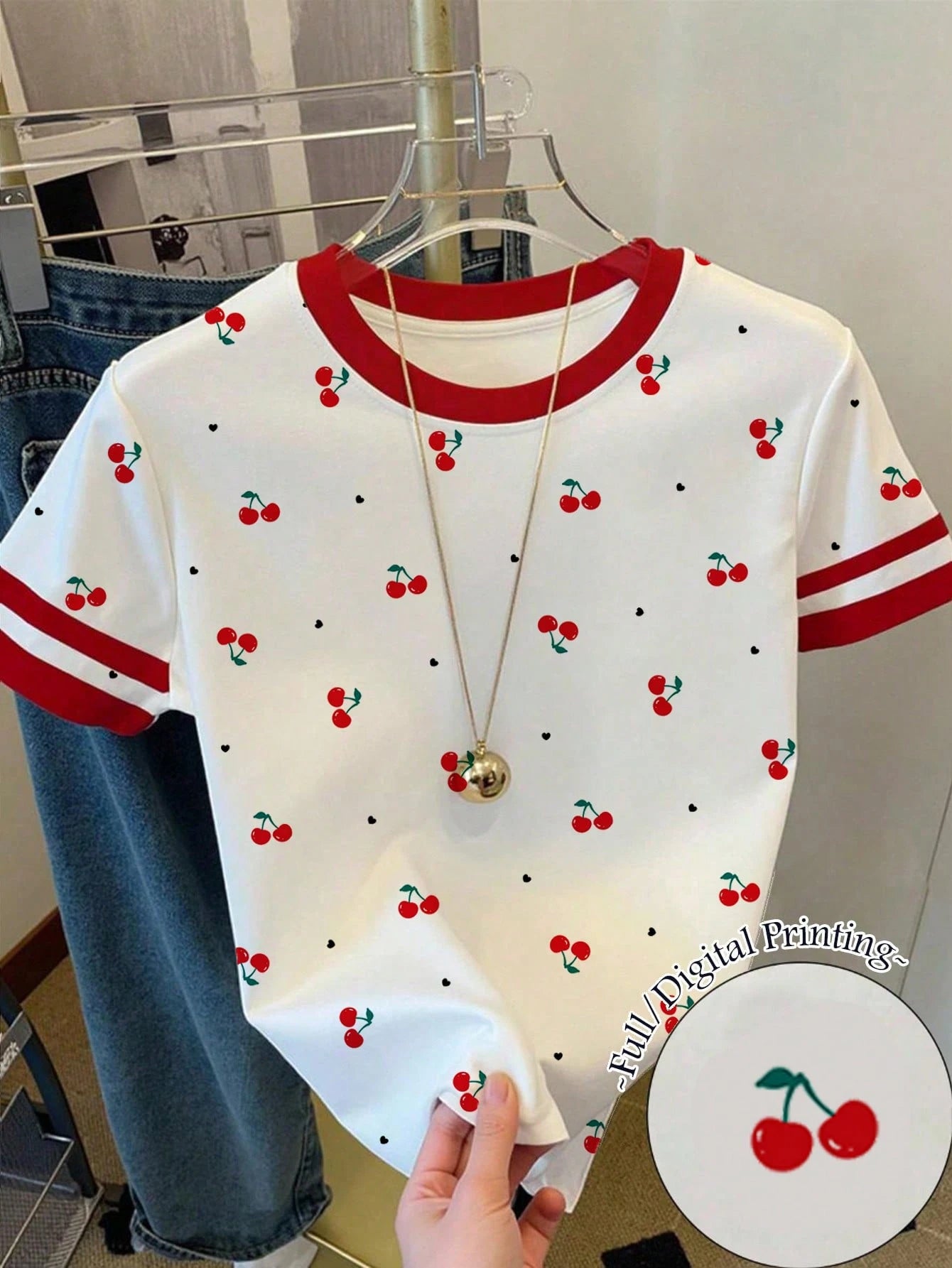 Girls' Cute Cherry Print Slim Fit Short Sleeve T-Shirt