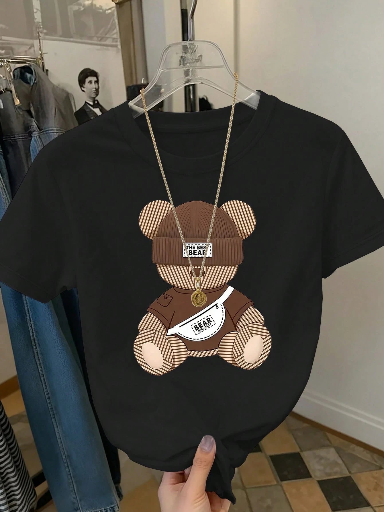Women's Casual Cartoon Bear Print Round Neck Short Sleeve T-Shirt