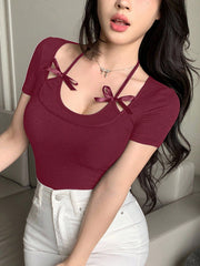 Women's Bowknot Cut Out Rib-Knit Slim Fit T-Shirt
