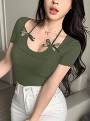 Women's Bow Decor Halter Scoop Neck Ribbed T-Shirt
