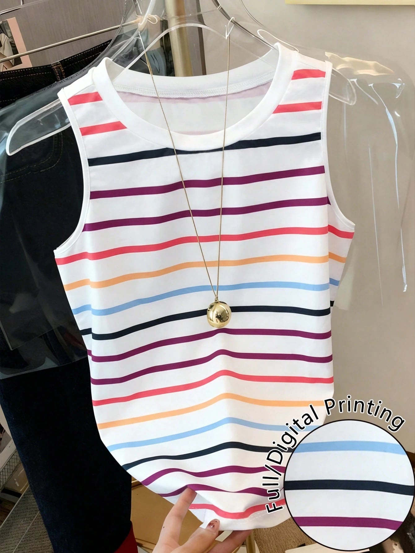 Women's Colorful Striped Print Round Neck Casual Summer Tank Top