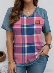 Women's Plus Size Patchwork Print Ribbed V-Neck Short Sleeve T-Shirt