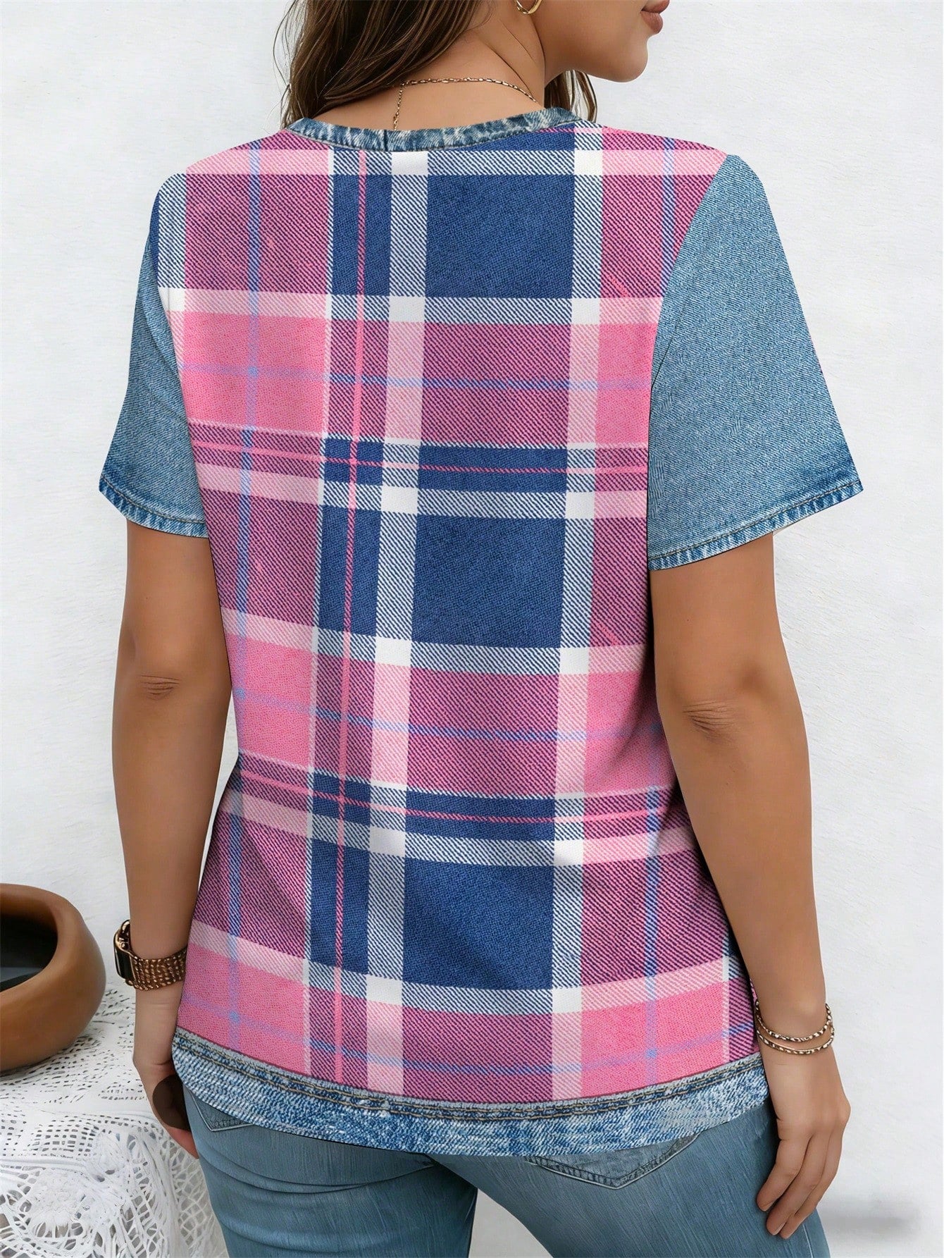 Women's Plus Size Patchwork Print Ribbed V-Neck Short Sleeve T-Shirt