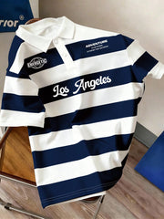 Manfinity Joysei Men's Striped College Letter Polo Shirt Blue