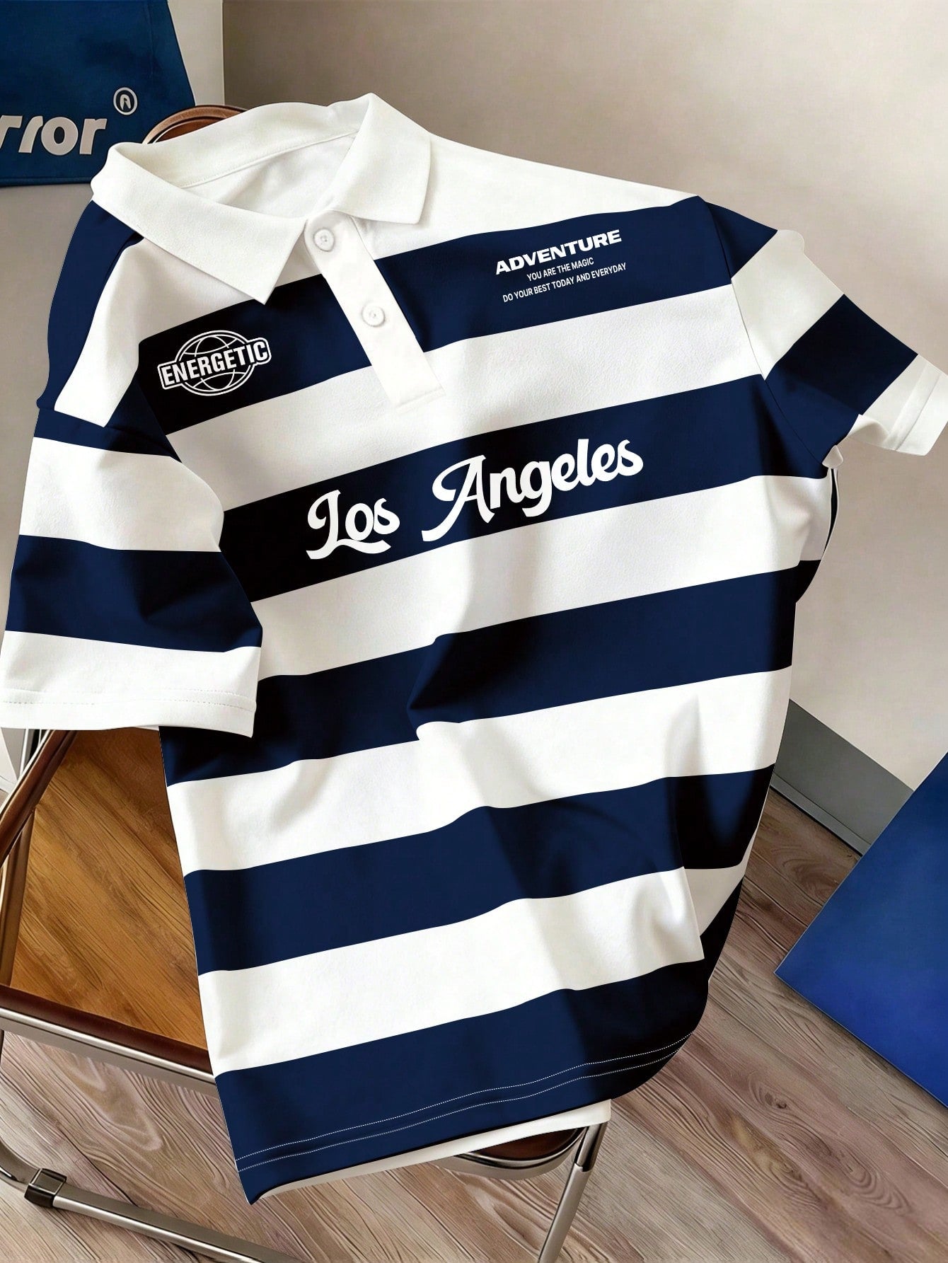 Manfinity Joysei Men's Striped College Letter Polo Shirt Blue