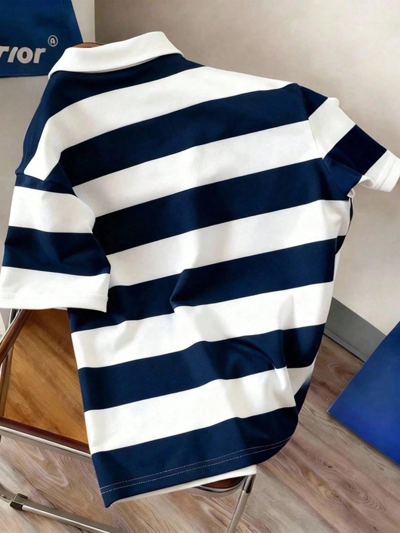 Manfinity Joysei Men's Striped College Letter Polo Shirt Blue