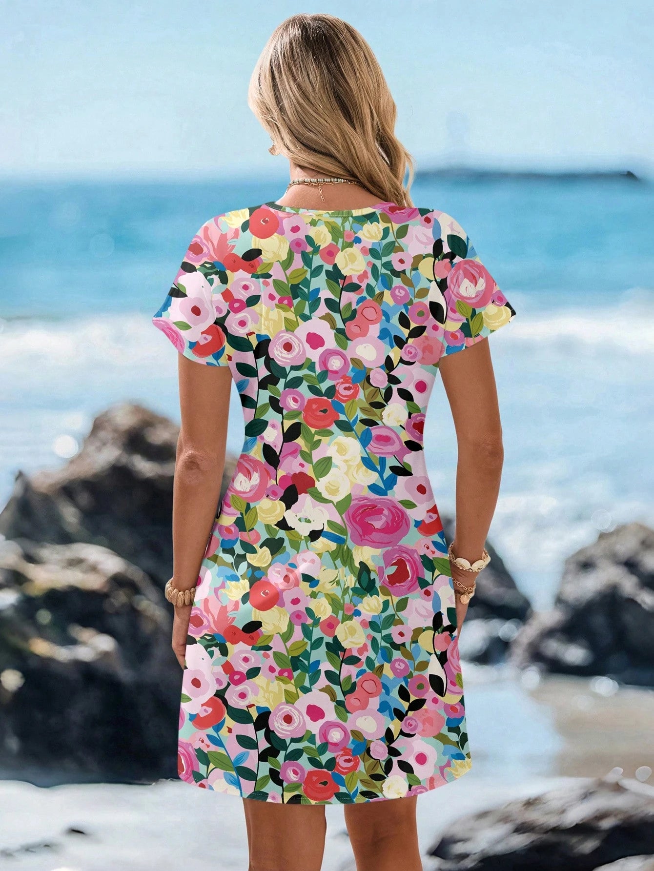 SHEIN LUNE Women's Floral Oil Painting Print Short Dress