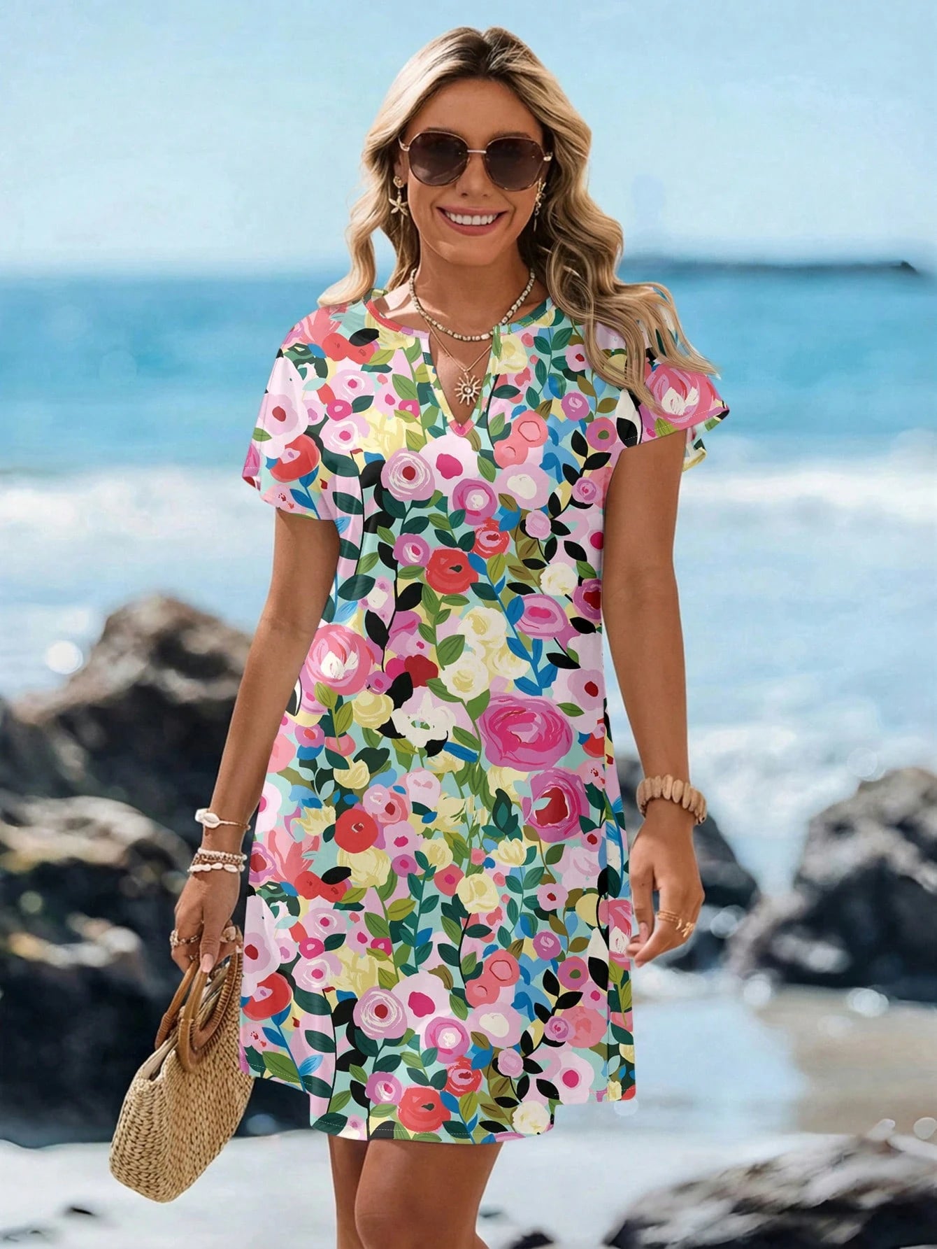 SHEIN LUNE Women's Floral Oil Painting Print Short Dress
