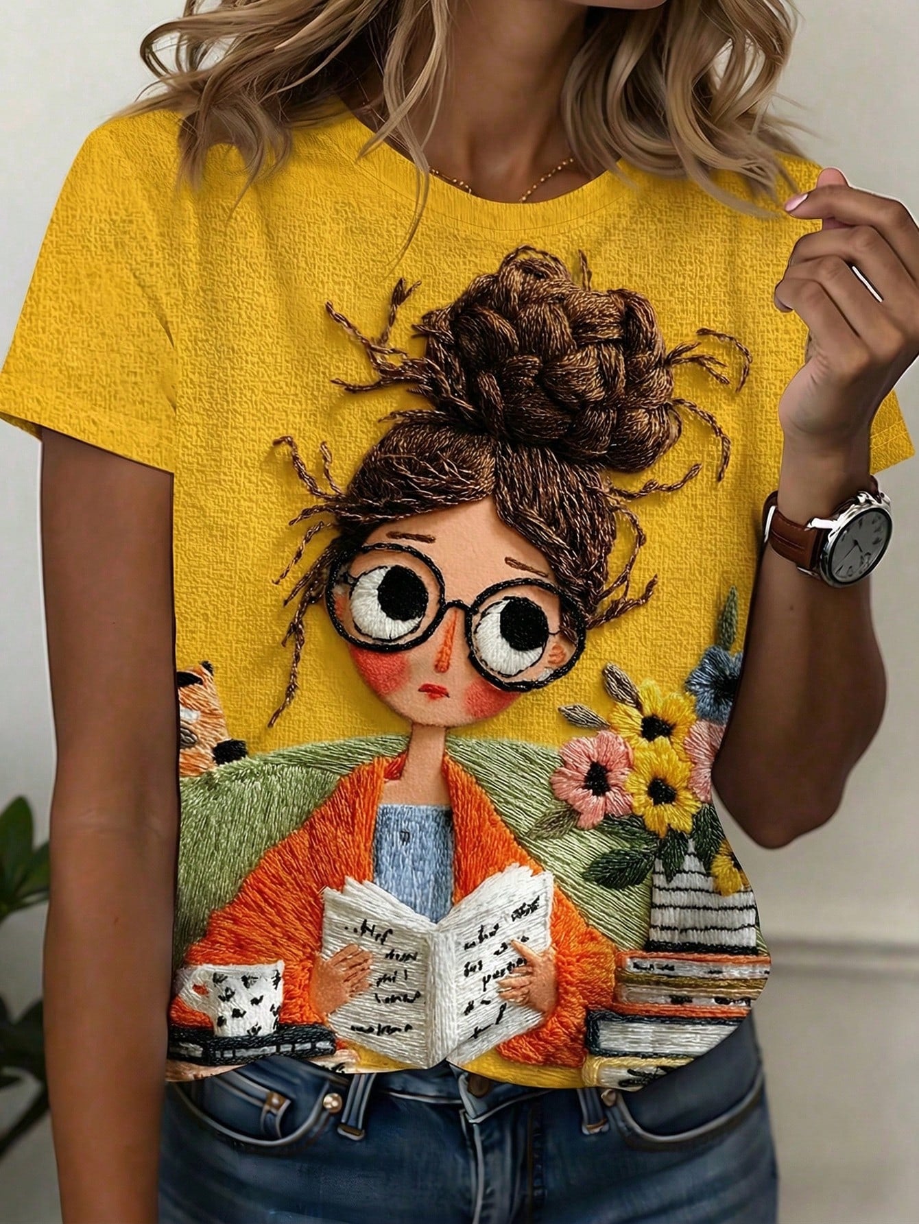Women's Casual Reading Girl Graphic Print Round Neck Short Sleeve T-Shirt Yellow