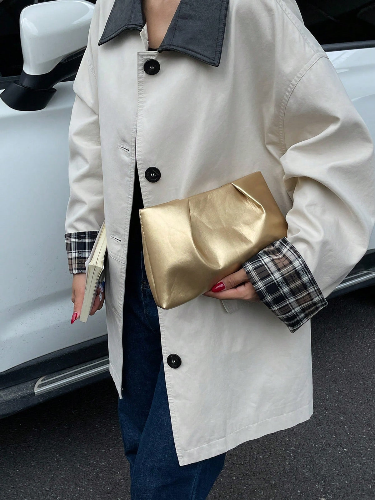 Women's Fashion Solid Pleated Envelope Clutch Bag