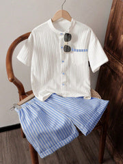 Kids' Casual Textured Striped Shirt and Shorts Set