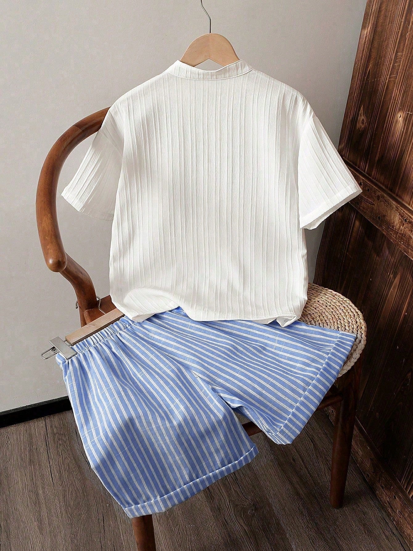 Kids' Casual Textured Striped Shirt and Shorts Set