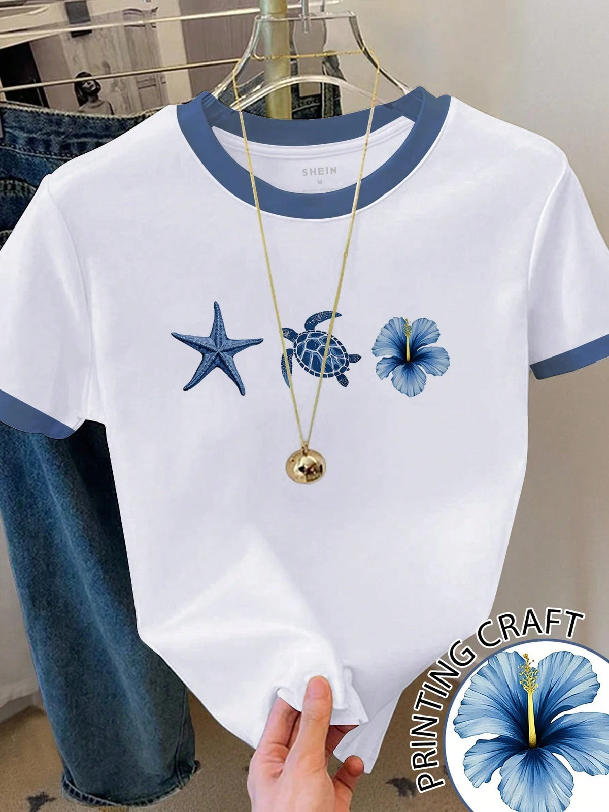 Women's Tropical Starfish and Turtle Print T-Shirt