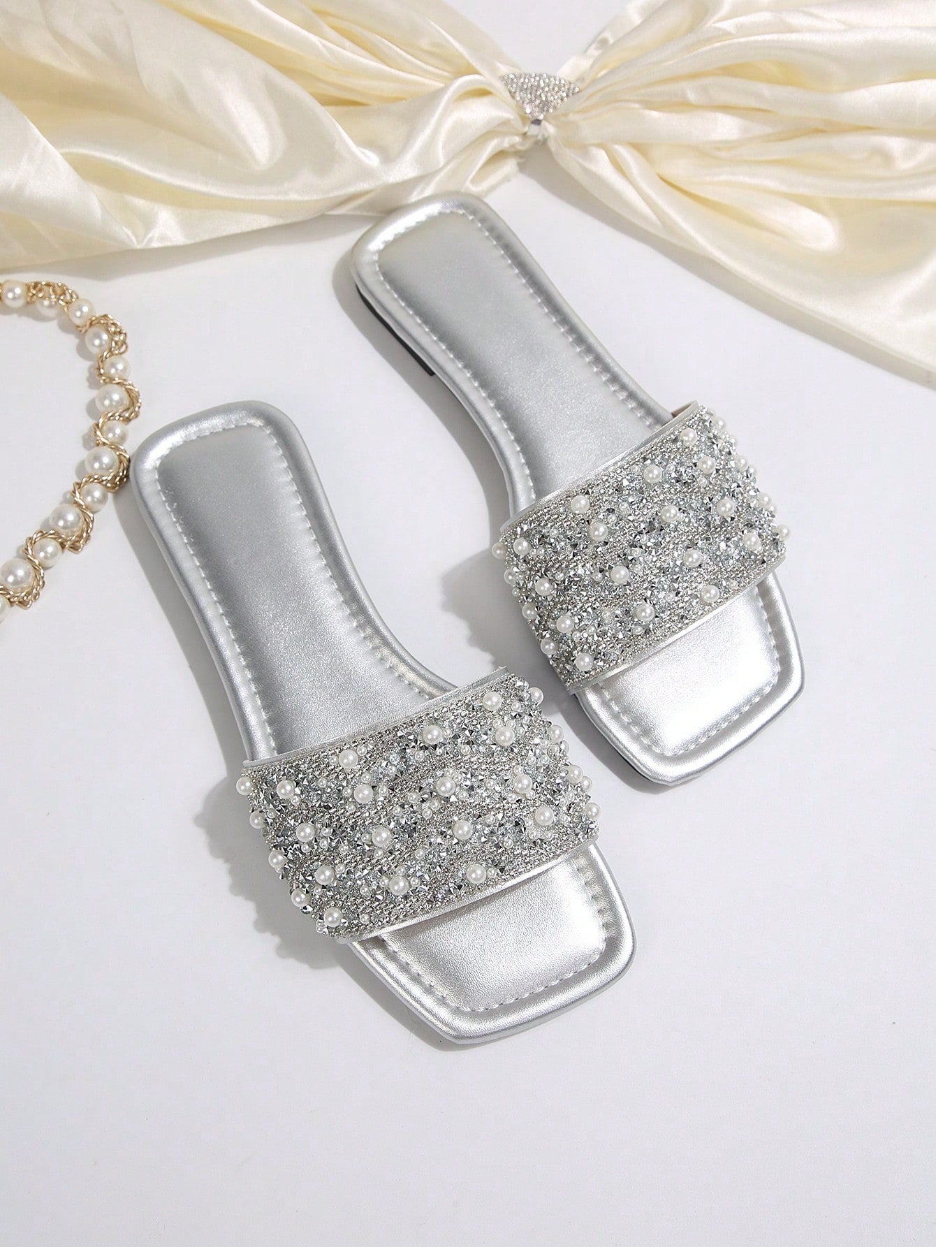 Women's Rhinestone Pearl Decor Open Toe Flat Slide Sandals