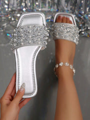 Women's Rhinestone Pearl Decor Open Toe Flat Slide Sandals