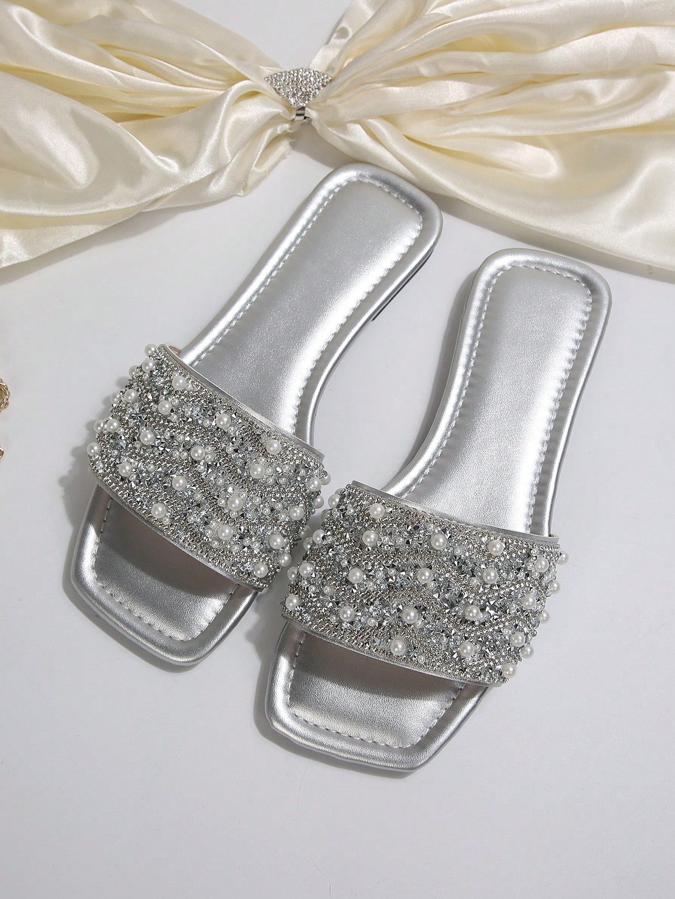 Women's Rhinestone Pearl Decor Open Toe Flat Slide Sandals
