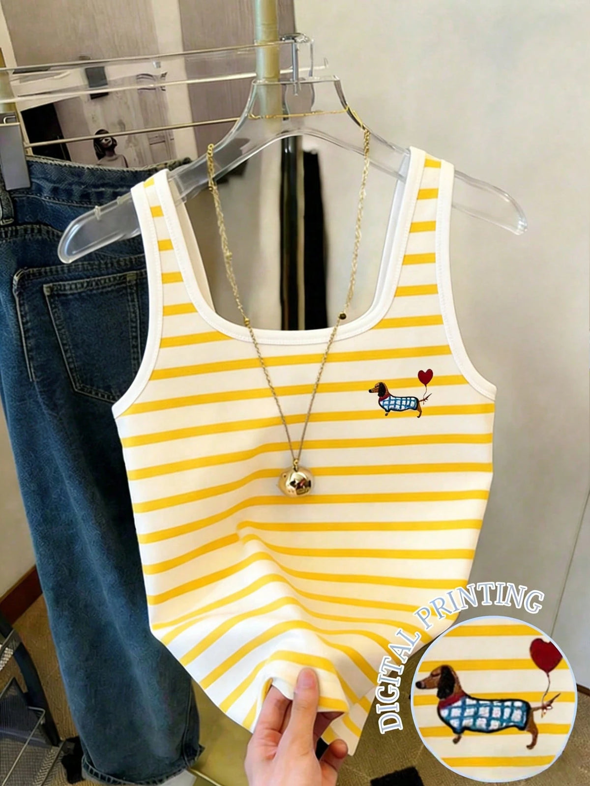 Resyla Women's Striped Puppy Embroidery Casual Versatile Daily Wear Top