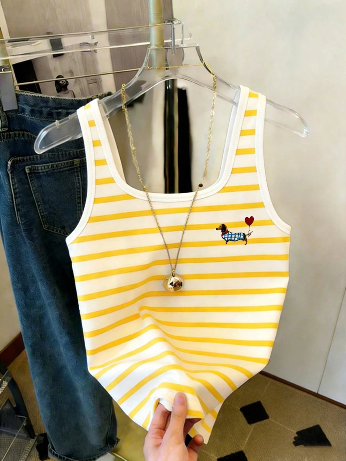 Resyla Women's Striped Puppy Embroidery Casual Versatile Daily Wear Top
