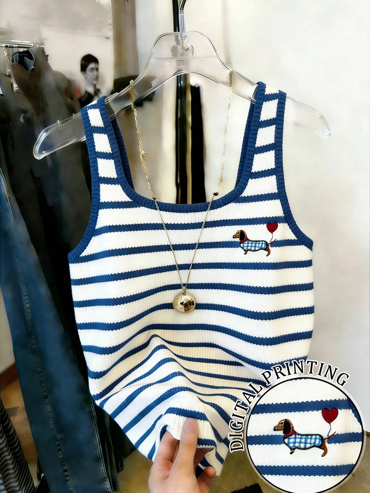 Resyla Women's Dachshund Striped Print Fitted Tank Top