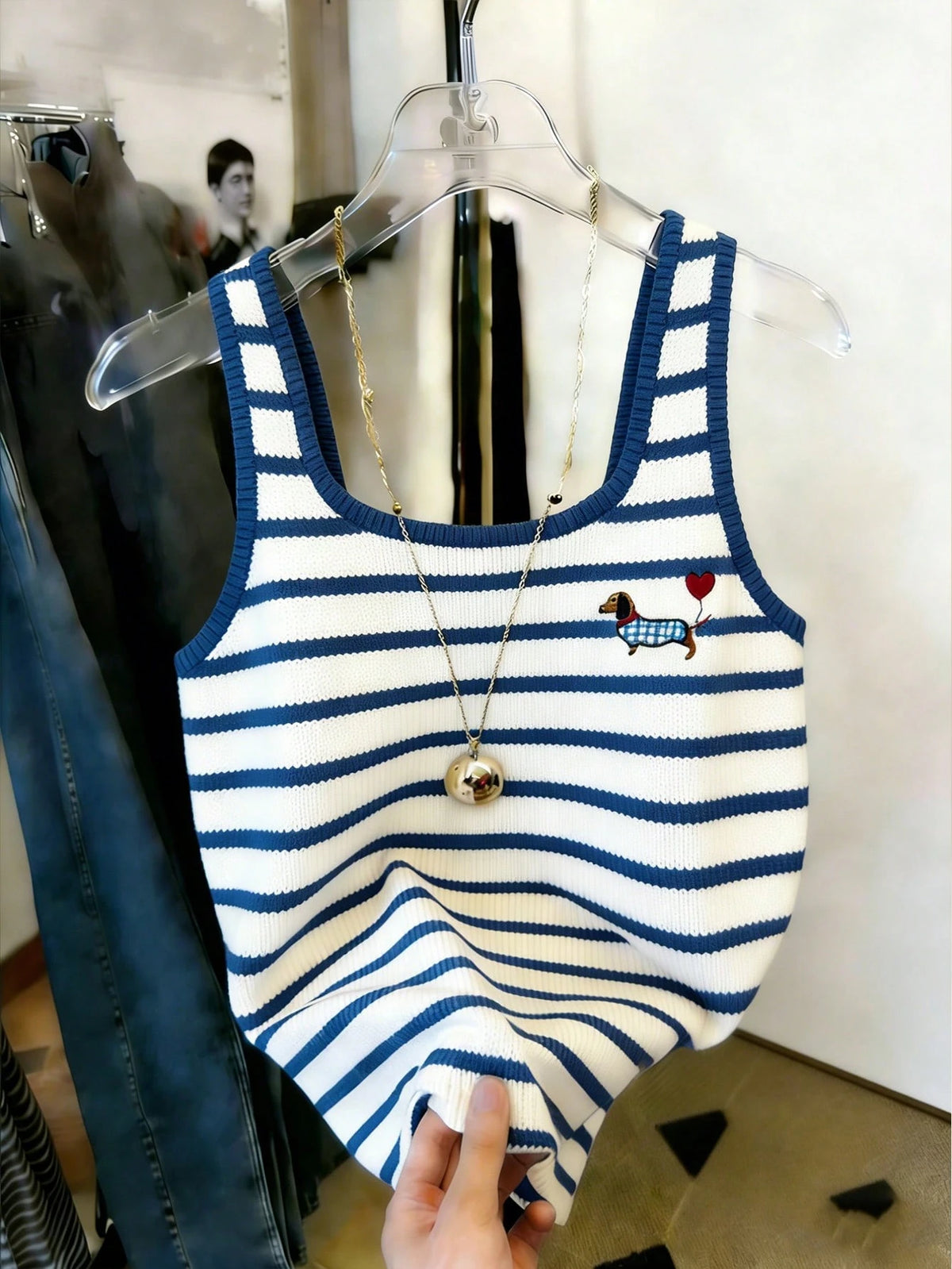 Resyla Women's Dachshund Striped Print Fitted Tank Top