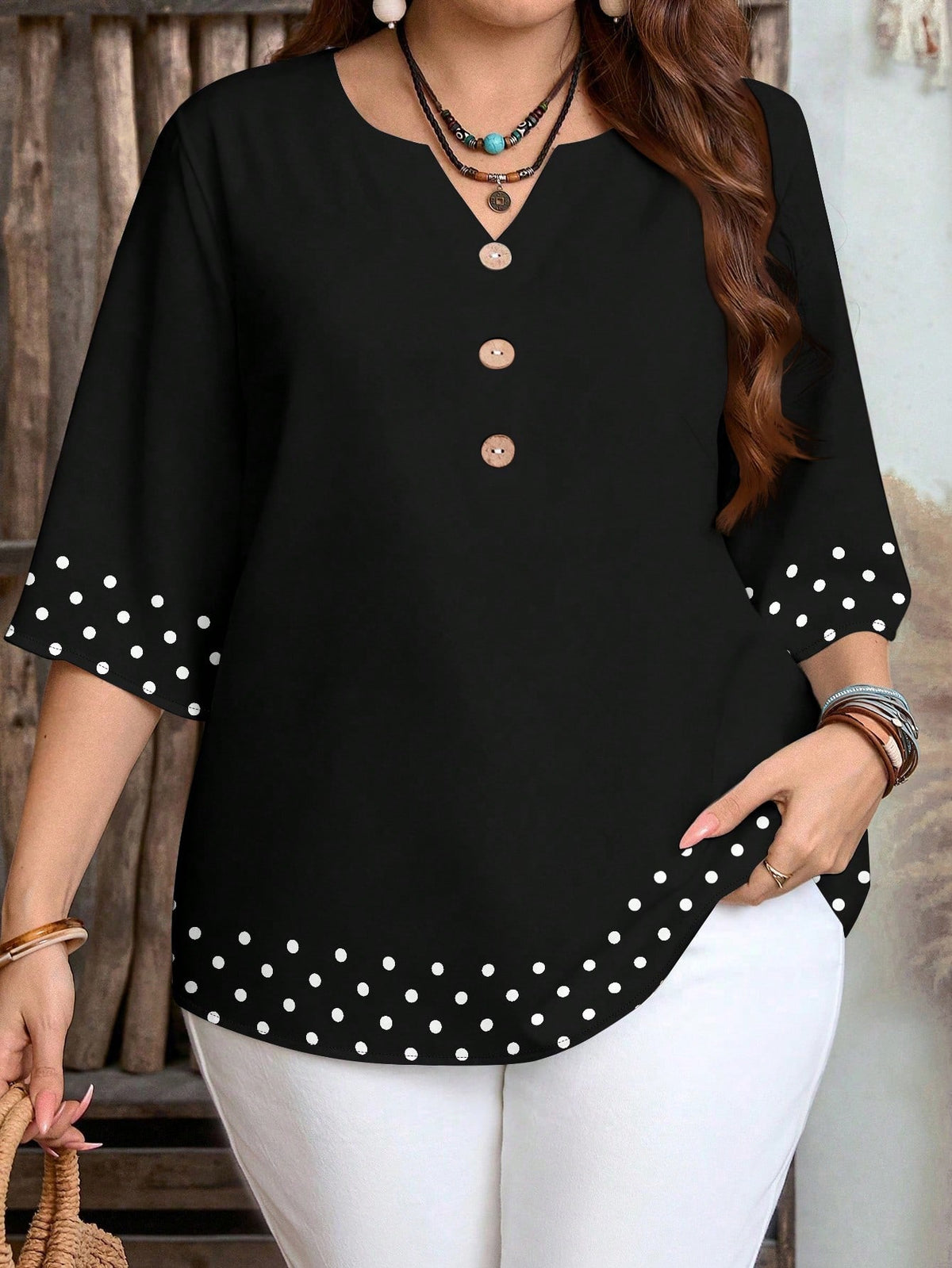 Women's Retro Polka Dot Patchwork Print Casual Loose Shirt