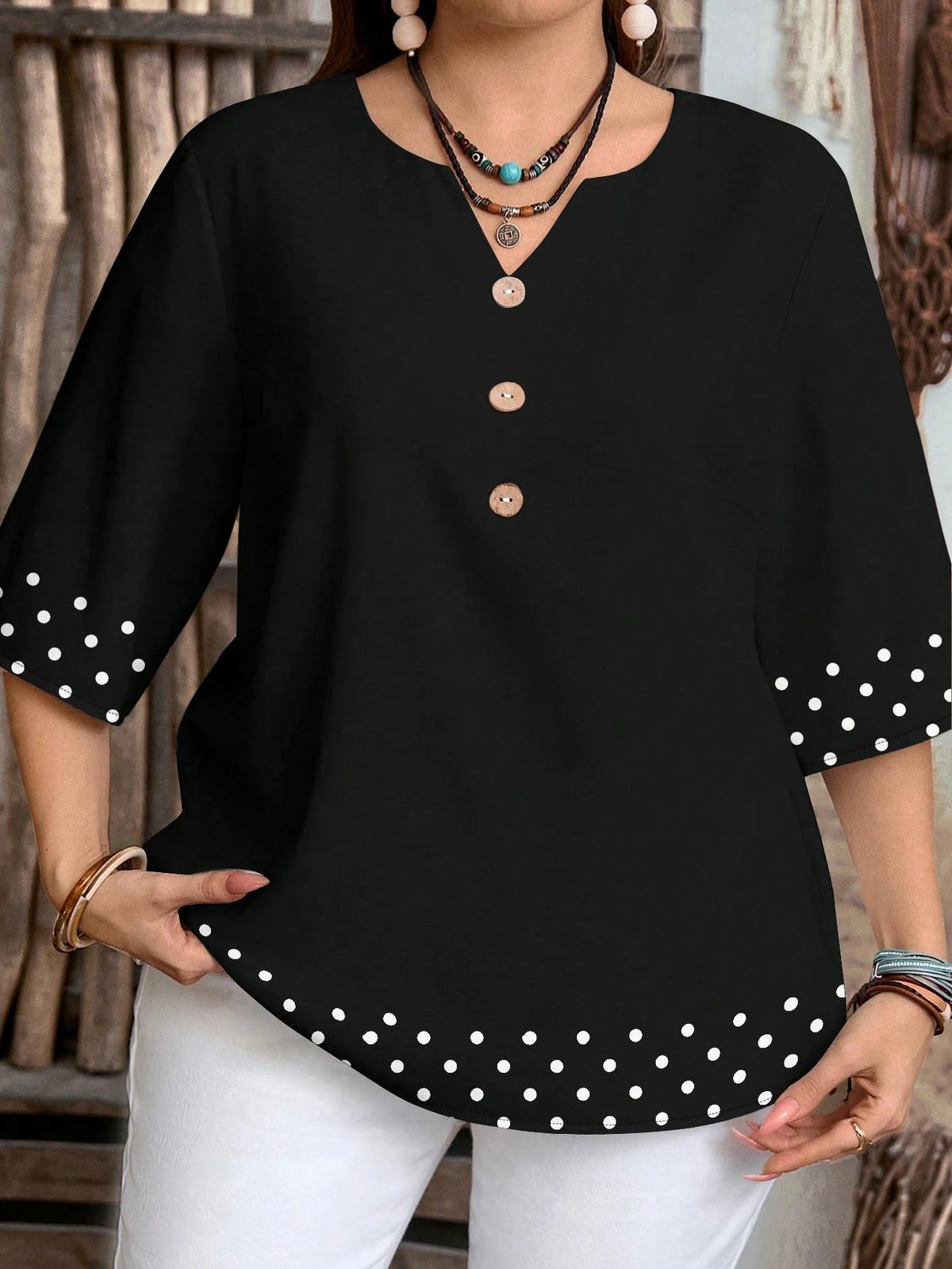 Women's Retro Polka Dot Patchwork Print Casual Loose Shirt