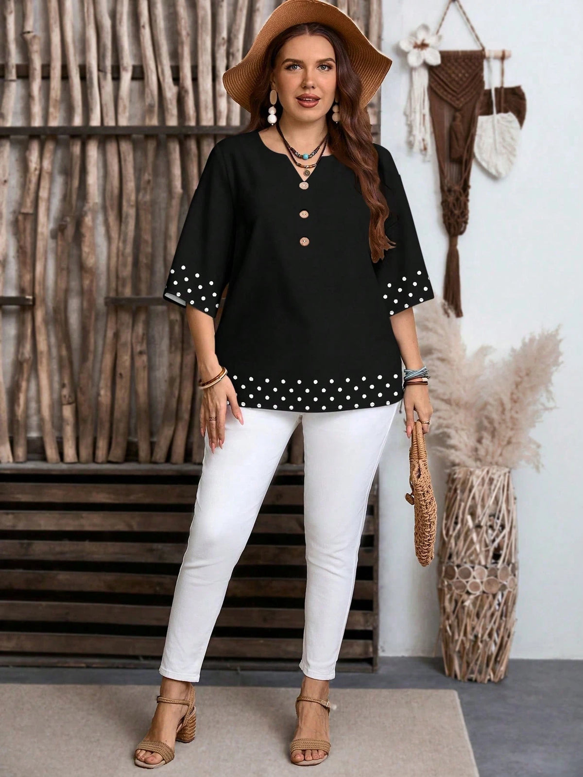 Women's Retro Polka Dot Patchwork Print Casual Loose Shirt