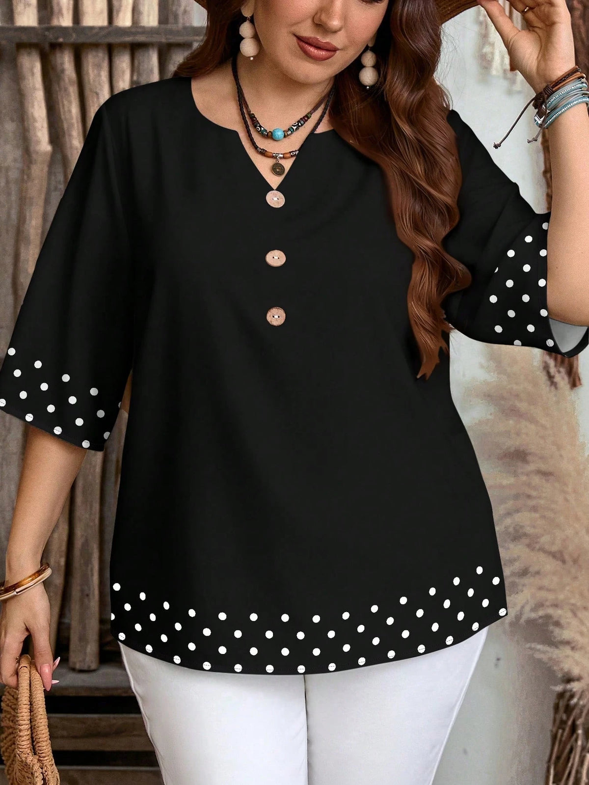 Women's Retro Polka Dot Patchwork Print Casual Loose Shirt