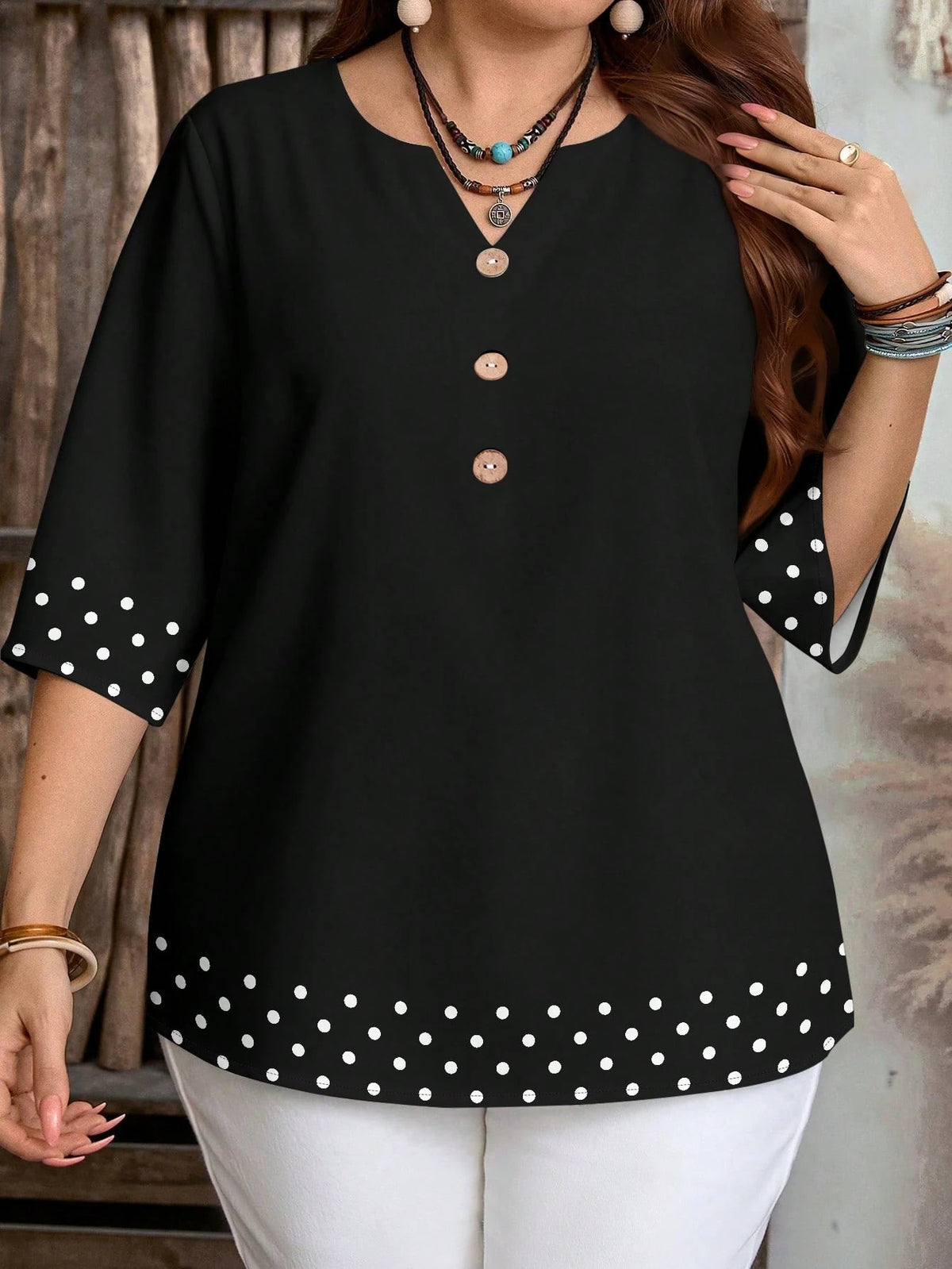 Women's Retro Polka Dot Patchwork Print Casual Loose Shirt