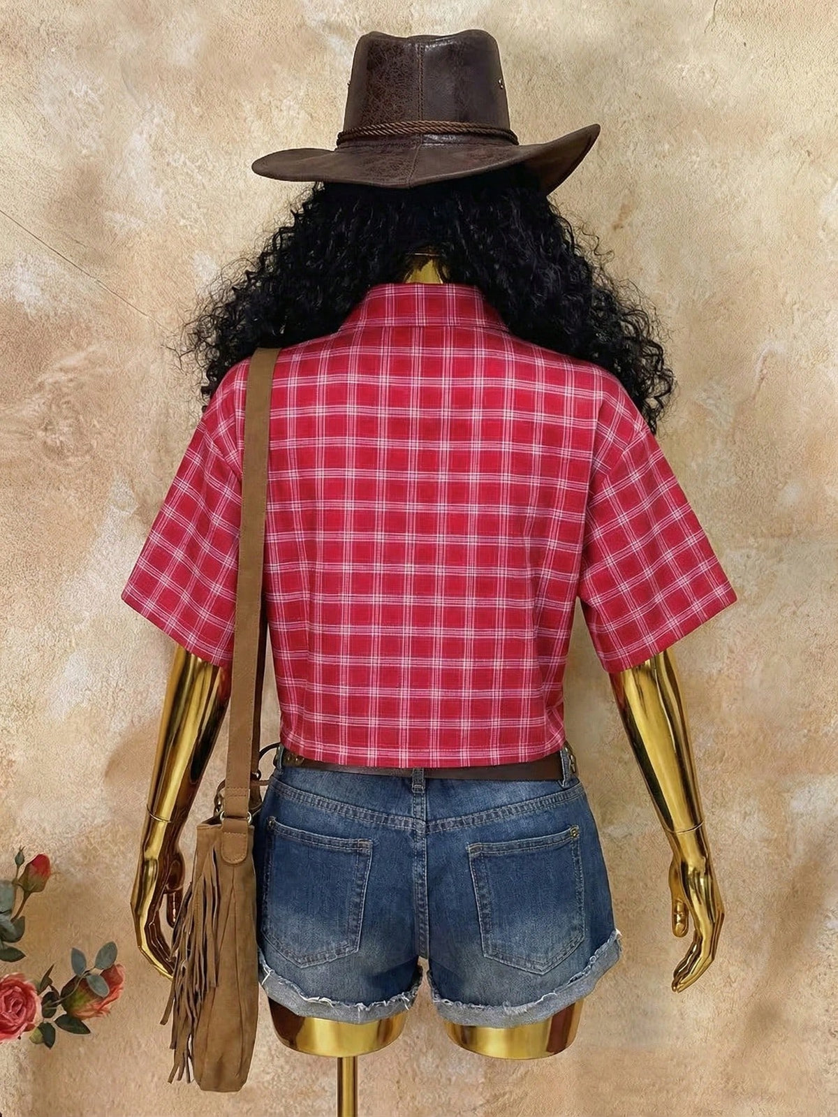 Women's Vintage Red Plaid Short Sleeve Button Up Shirt