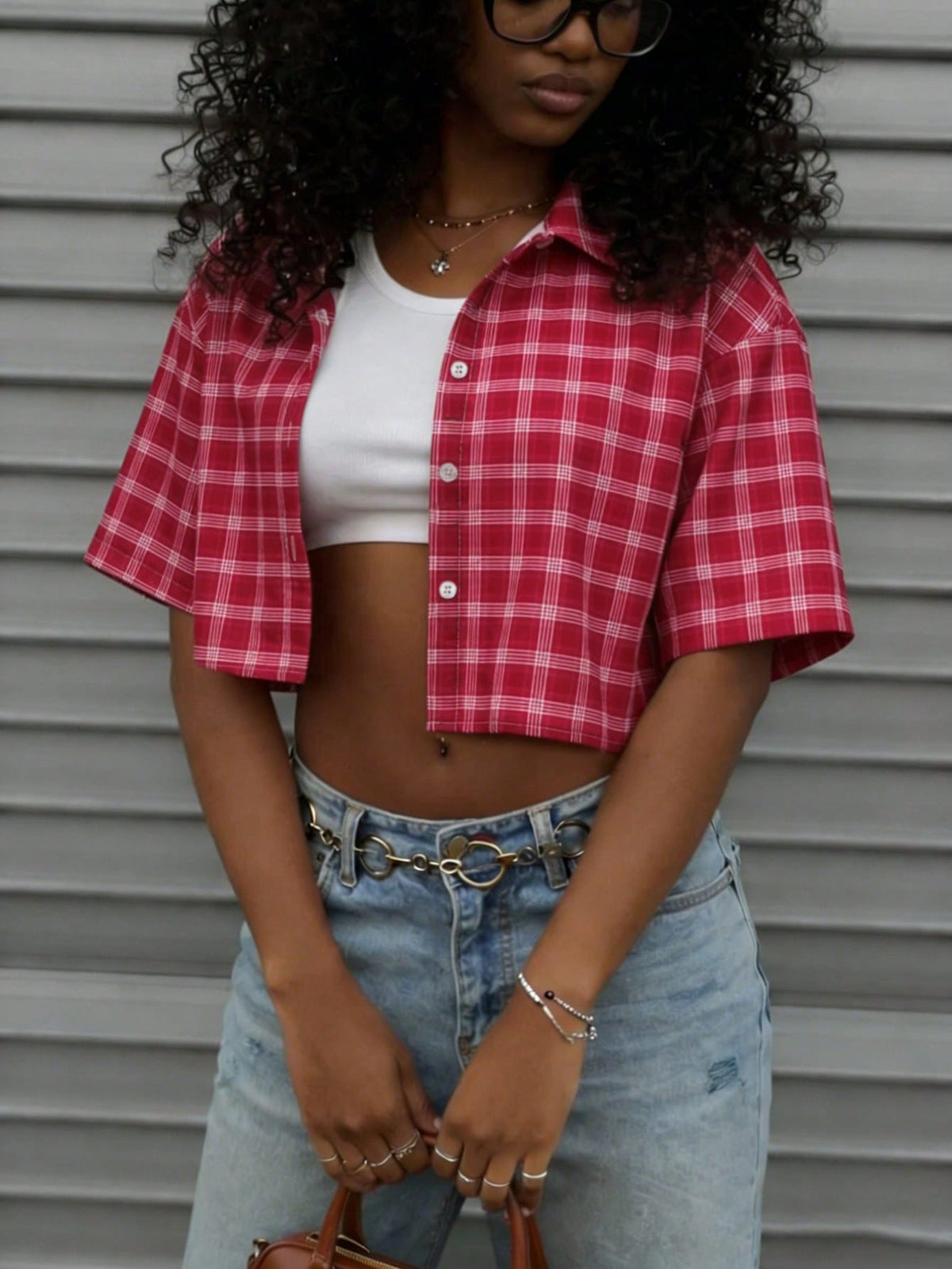 Women's Vintage Red Plaid Short Sleeve Button Up Shirt