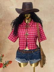 Women's Vintage Red Plaid Short Sleeve Button Up Shirt
