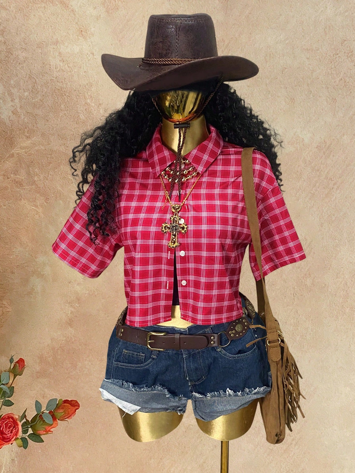 Women's Vintage Red Plaid Short Sleeve Button Up Shirt