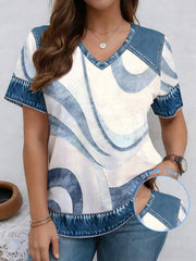 EMERY ROSE Patchwork Pattern Ribbed V-Neck T-Shirt Plus Size