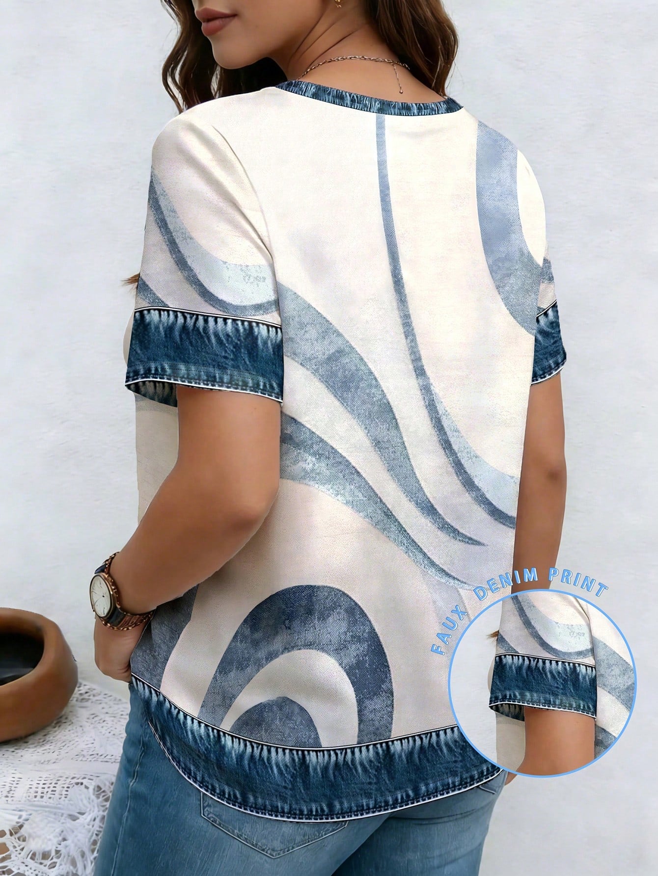 EMERY ROSE Patchwork Pattern Ribbed V-Neck T-Shirt Plus Size
