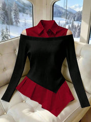Women's Casual Contrast Cold Shoulder Long Sleeve Top