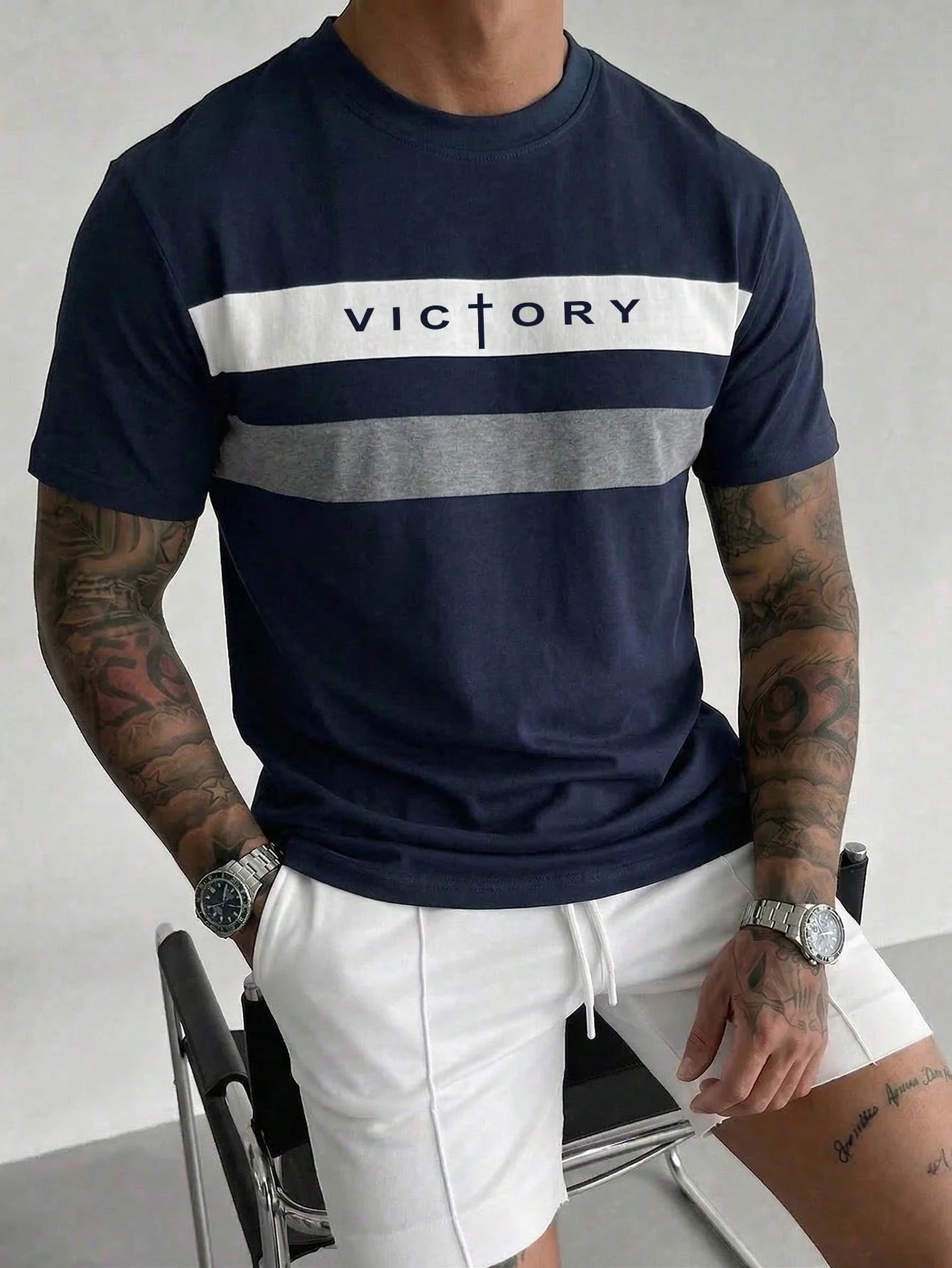 SHEIN Men's Colorblock Striped Letter Patch Casual Short Sleeve T-Shirt