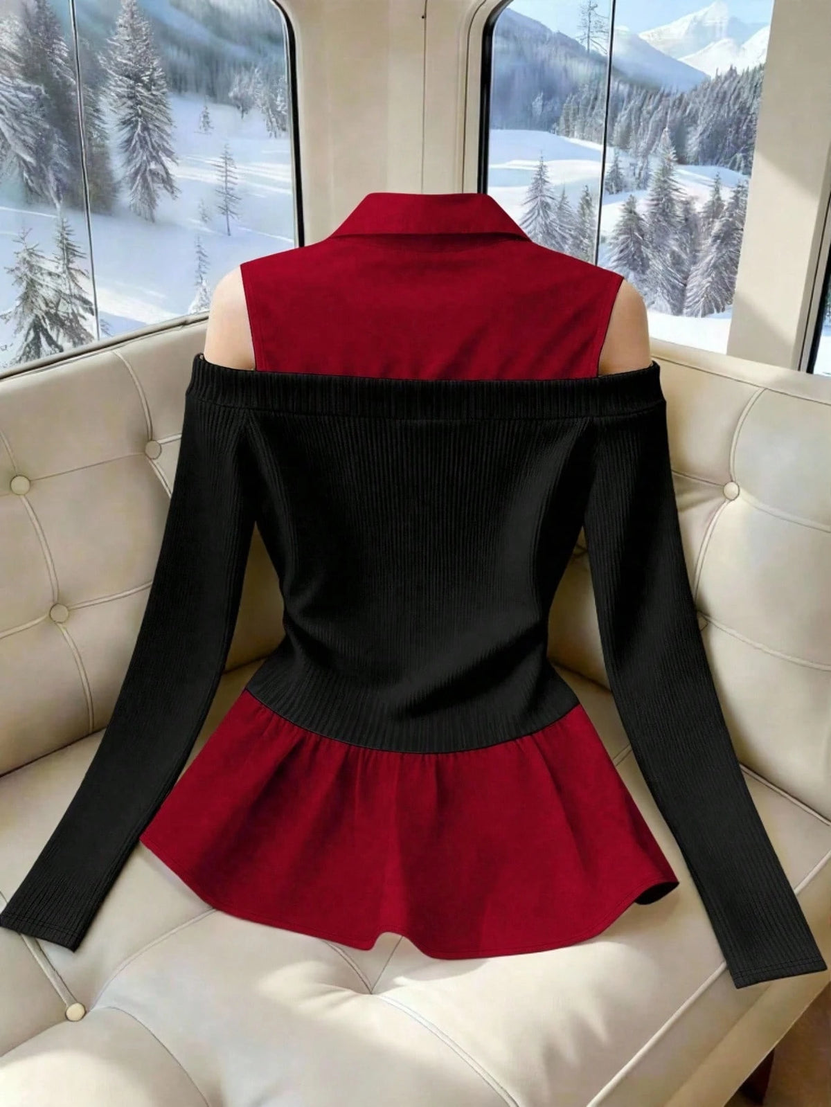 Women's Casual Contrast Cold Shoulder Long Sleeve Top