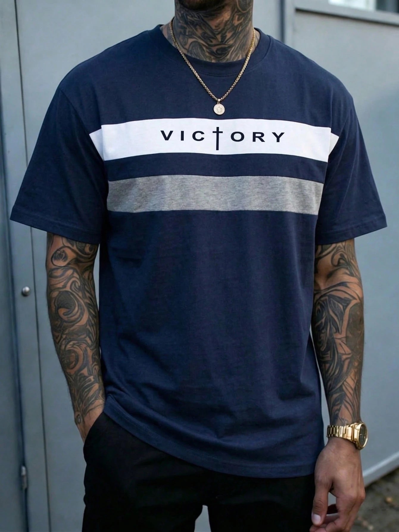 SHEIN Men's Colorblock Striped Letter Patch Casual Short Sleeve T-Shirt