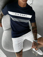 SHEIN Men's Colorblock Striped Letter Patch Casual Short Sleeve T-Shirt