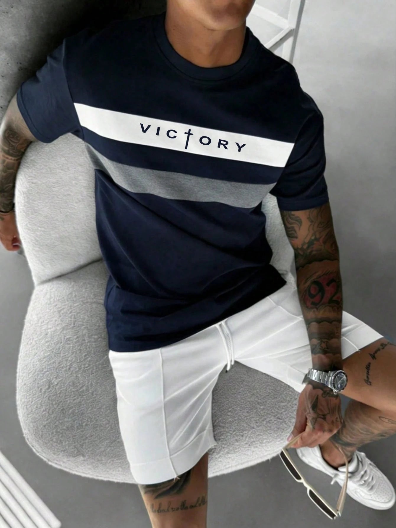 SHEIN Men's Colorblock Striped Letter Patch Casual Short Sleeve T-Shirt