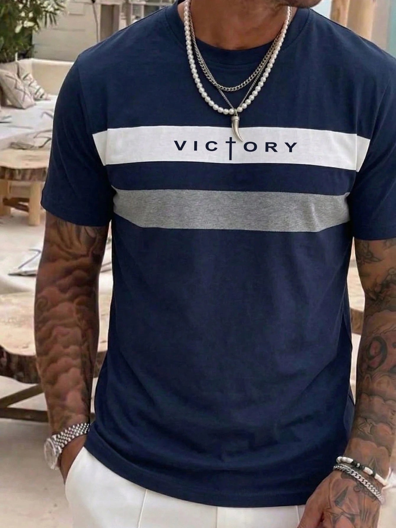 SHEIN Men's Colorblock Striped Letter Patch Casual Short Sleeve T-Shirt