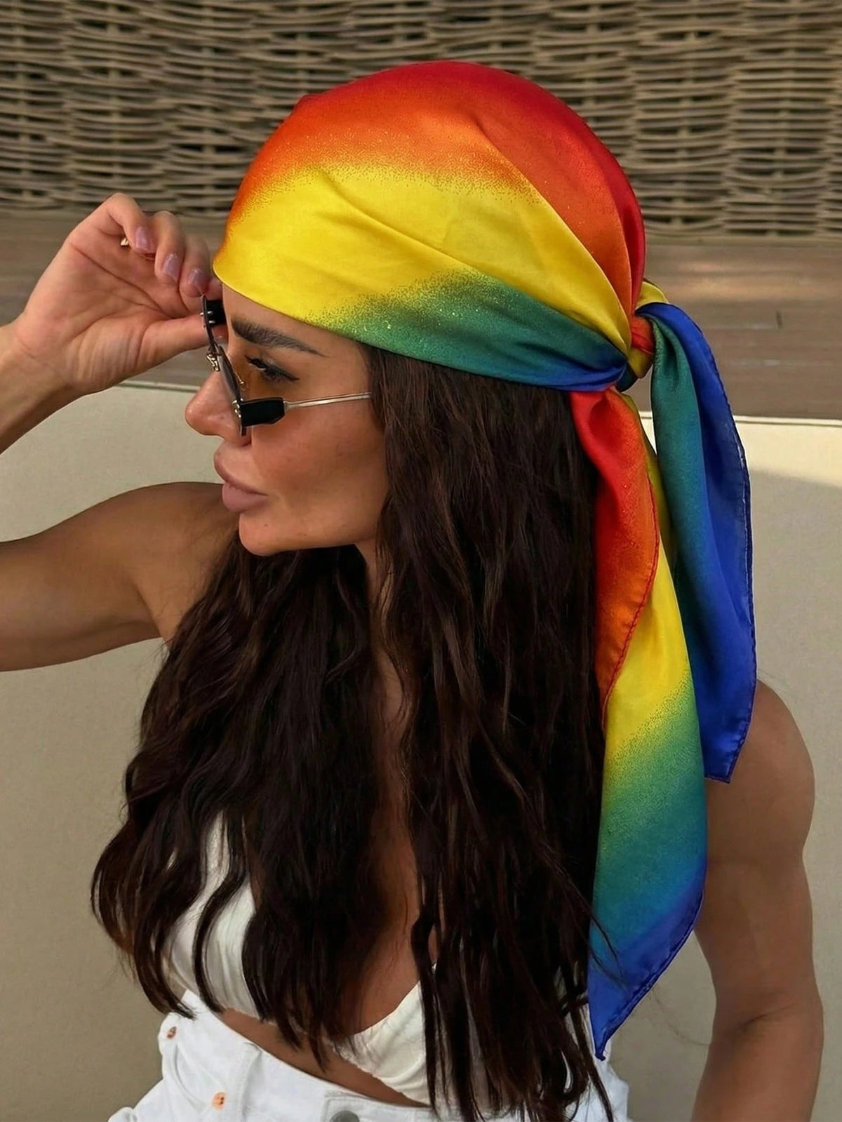 Women's Casual Red Yellow Blue Ombre Satin Square Scarf
