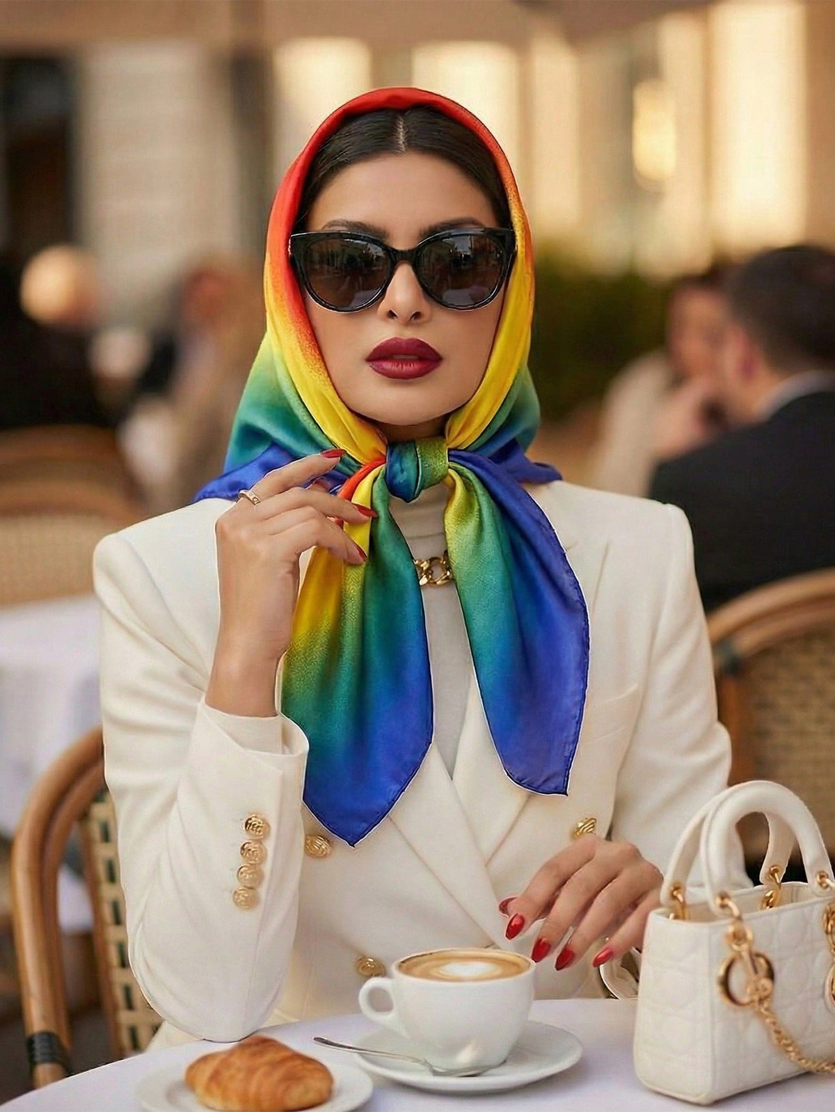 Women's Casual Red Yellow Blue Ombre Satin Square Scarf