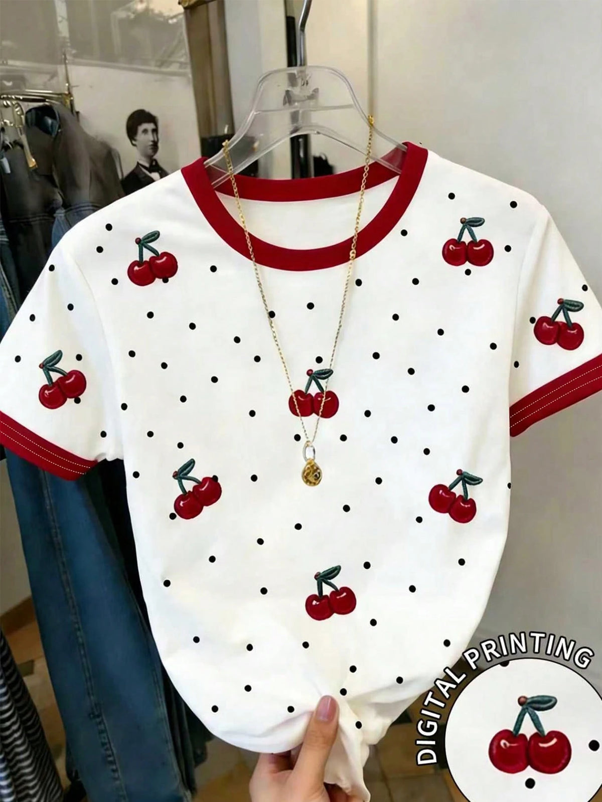 Women's Cherry Colorblock Crewneck Short Sleeve T-Shirt