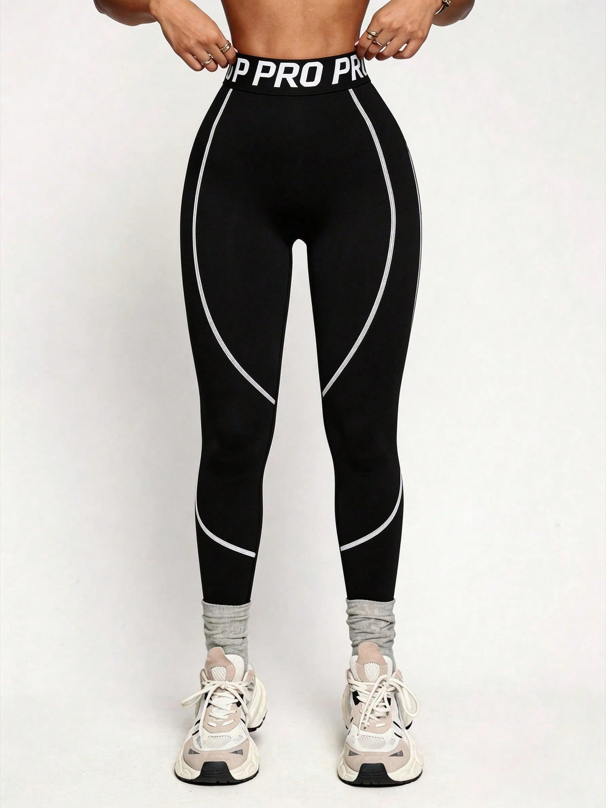 Women's Black Contrast Waistband Graphic Cropped Sports Leggings