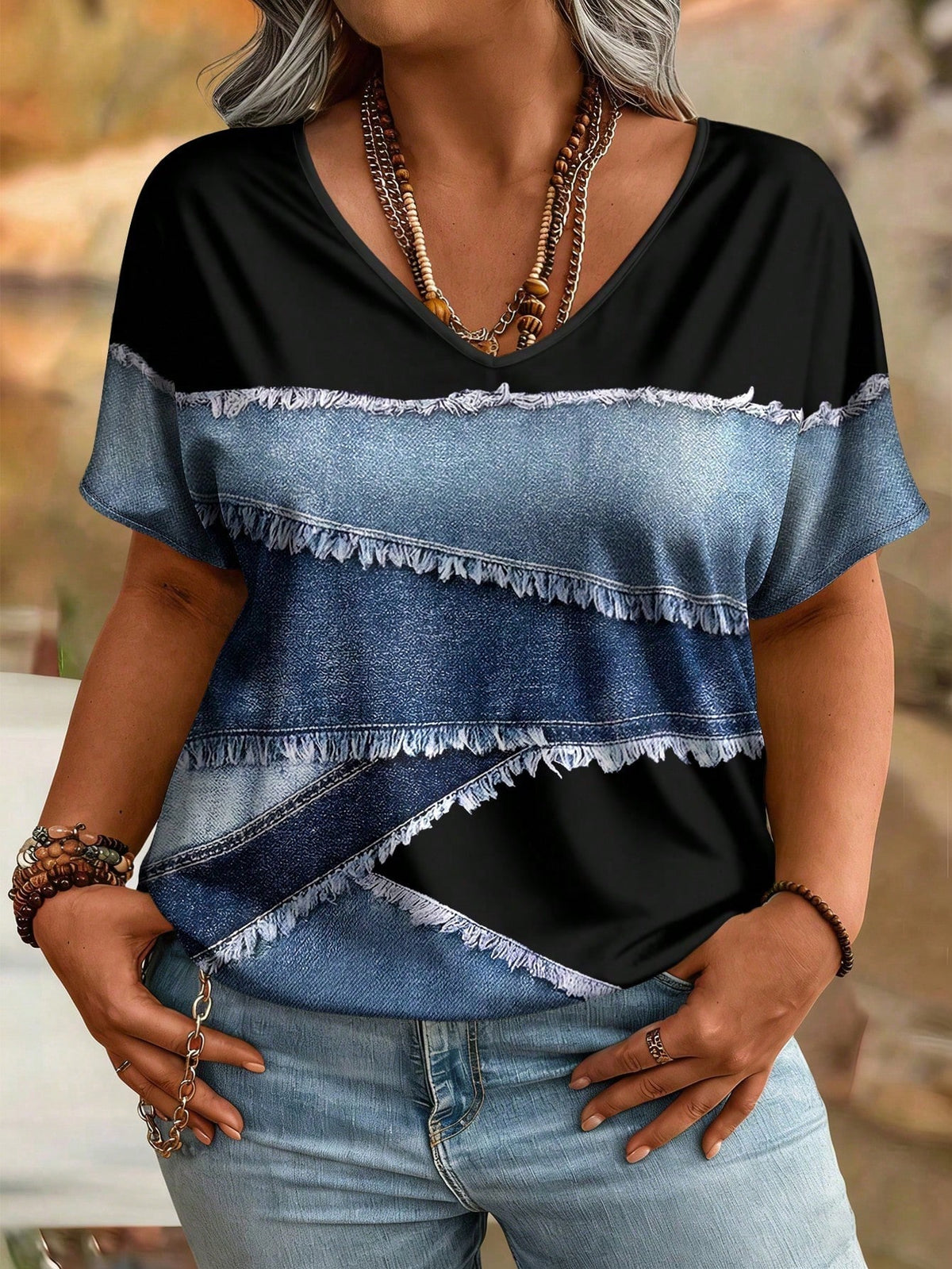 Women's Plus Size Denim Effect V-Neck T-Shirt