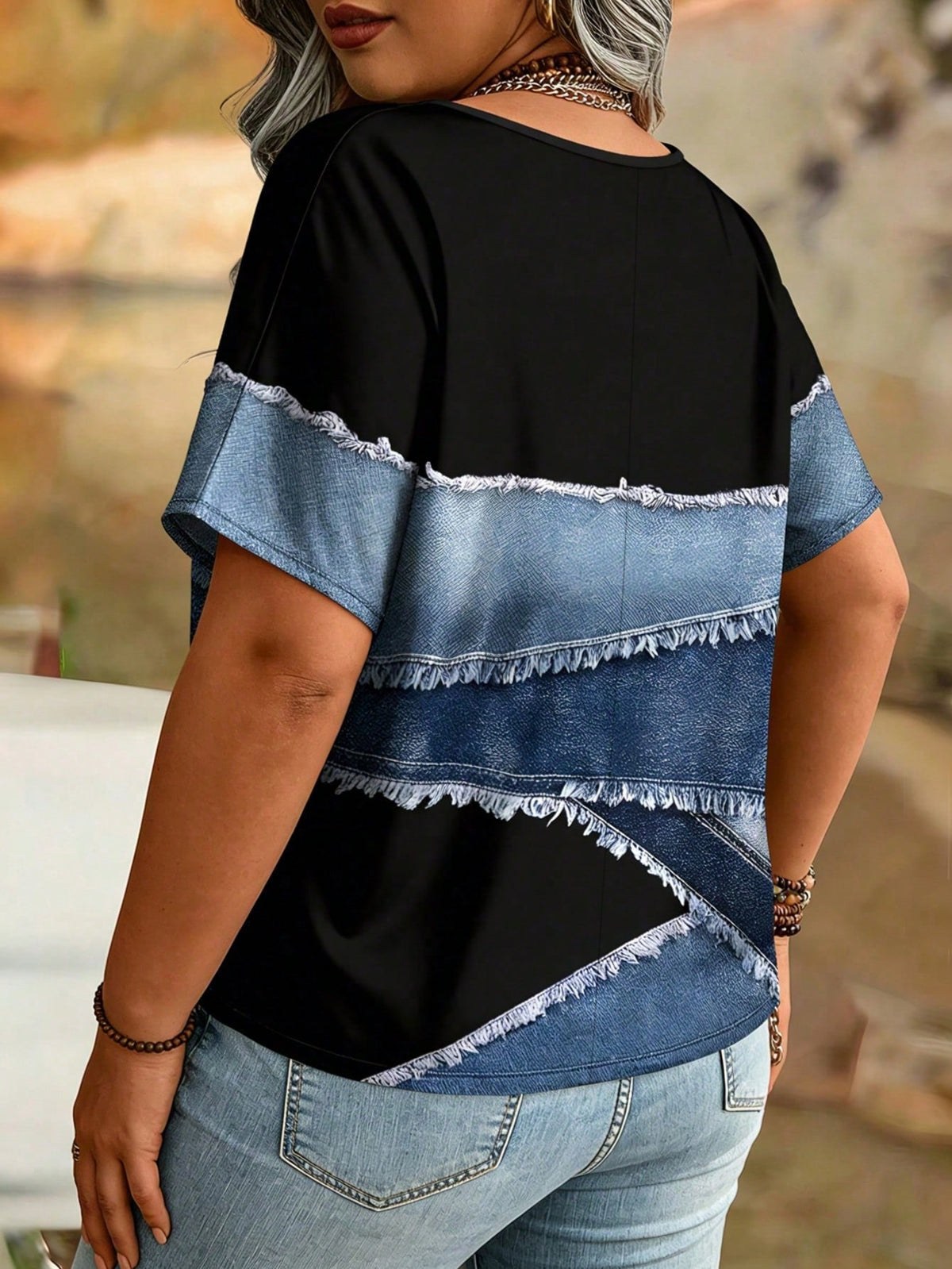 Women's Plus Size Denim Effect V-Neck T-Shirt